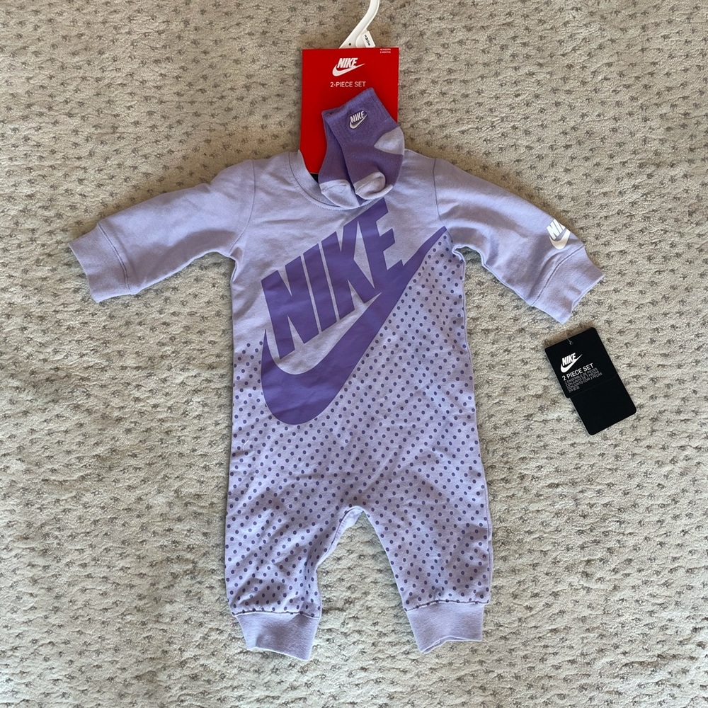 NIKE lavender 3m onesie and socks NEW w TAGS